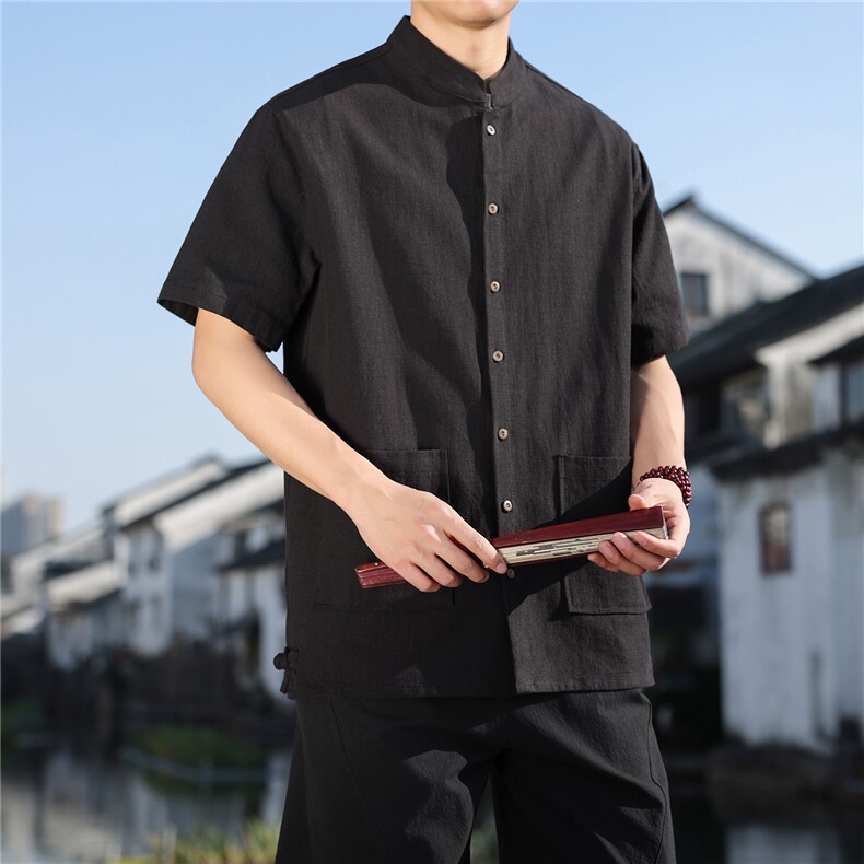 2026夏季新款风盘扣纯色休闲宽松大码苎麻T恤CS2606,男装T恤,电商A008