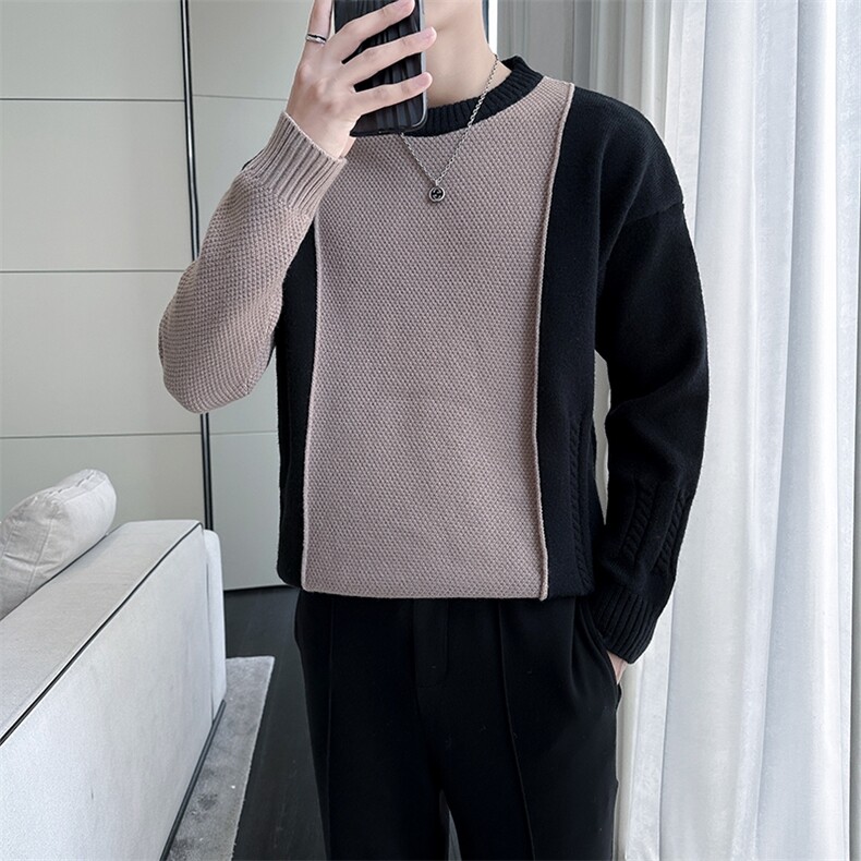 M605-P58毛衣男秋冬潮牌拼接撞色加厚宽松潮牌ins针织衫潮流百搭,男装针织衫/毛衣,电商D310B-1