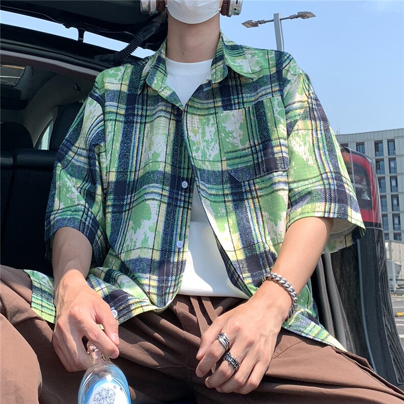 2025美式扎染印花冰丝凉感短袖五分袖格子衬衫CS1866/特P25绿色,男装T恤,电商A094