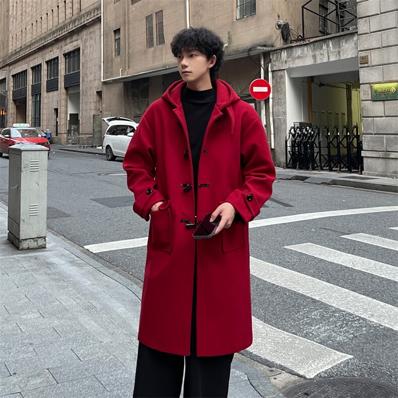 秋冬牛角扣连帽毛呢大衣男ins宽松风衣外套MN00706/P125加棉P135，男装风衣，电商B316