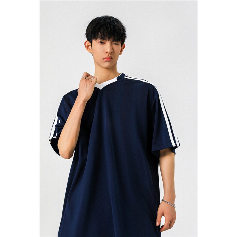可二开美式复古条纹运动球衣男大码M-5XL短袖T恤男DX78018P45控75图片