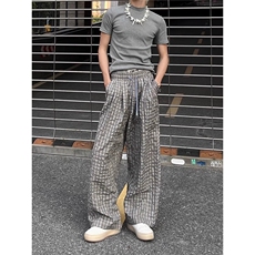 春夏新款男士肌理感海岛泡泡纱格子休闲裤时尚高街风宽松阔腿长裤，男装休闲裤，星座506A