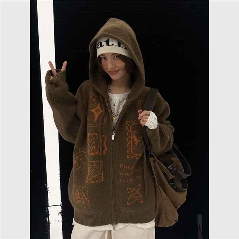 韩chic秋冬圣诞感气质连帽双开拉链图案提花设计针织保暖毛衣女图片