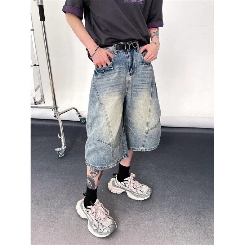 美式高街复古水洗做旧牛仔七分裤短裤直筒阔腿潮 KZ24T9034--TP45图片