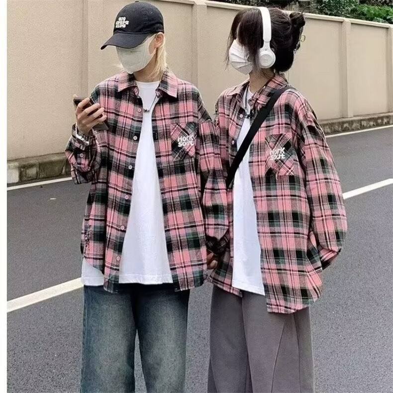 C59-P32少年感蓝色格子衬衫叠穿内搭日系复古上衣长袖,男装衬衫,电商B323A