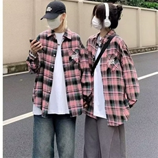 C59-P32少年感蓝色格子衬衫叠穿内搭日系复古上衣长袖，男装衬衫，电商B323A