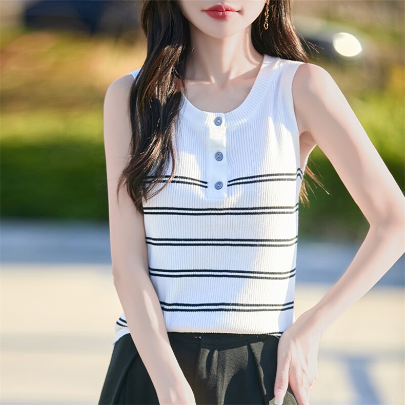 夏季冰丝针织条纹背心女2025新款外穿复古显瘦减龄无袖吊带背心薄,女装背心吊带,思牵羊绒