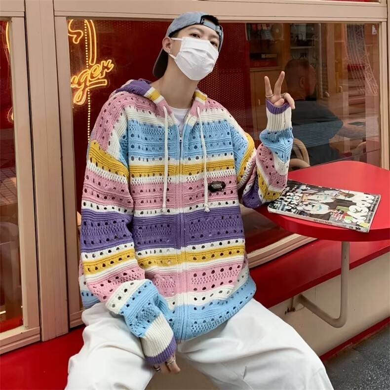 秋冬潮牌设计感彩色条纹开衫毛衣男小众镂空连帽针织衫MY244-P55,男装针织衫/毛衣,星座1109-3