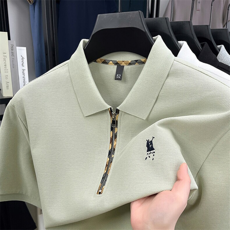 夏季纯棉短袖t恤男时尚翻领拉链款高档刺绣马标品牌半袖polo衫潮,男装T恤,电商B212（原钱塘6029）