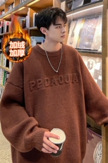 冬款美拉德复古保暖圆领毛衣男加绒加厚套头毛线衫MY106J加绒-P65，男装针织衫/毛衣，电商A001