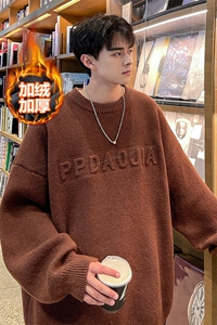 冬款美拉德复古保暖圆领毛衣男加绒加厚套头毛线衫MY106J加绒-P65图片