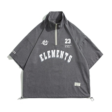 白底美式复古字母印花半拉链短袖T恤休闲短裤套装TZ755P65控98，男装牛仔裤，电商A247-1