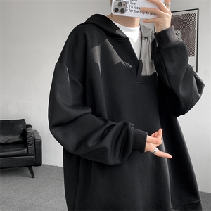 8XL-M叠穿假两件卫衣重磅连帽V领拼接套头衫宽松大码外套WY006P65图片