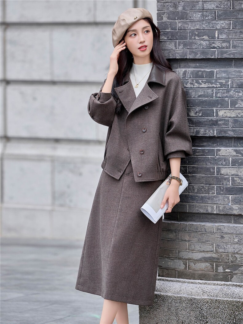 今年流行毛呢气质套装女2025深秋初冬新款翻领短外套半身裙一整套,女装套装/套裙,靓衣阁