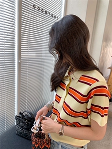 小清新甜美撞色条纹短袖针织衫外穿通勤气质显瘦polo衫正肩打底衫图片