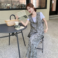 复古时尚印花马甲套装女2025年夏季新款气质通勤T恤阔腿裤三件套，女装套装/套裙，2C129