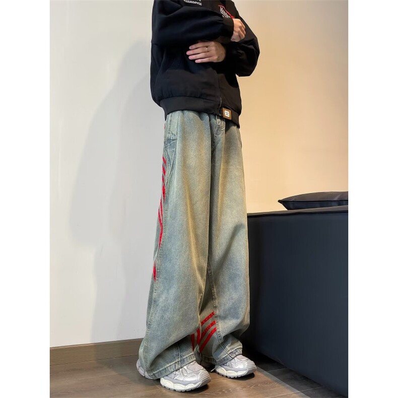 复古阔腿牛仔裤男直筒宽松美式高街vibe潮牌设计感秋季N1444-p50,男装牛仔裤,星座1008