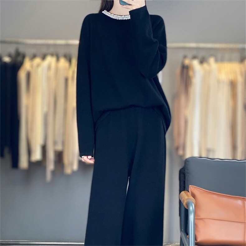2025年秋季新款百搭女士圆领镶钻套装,女装羊毛衫,宛庄羊绒