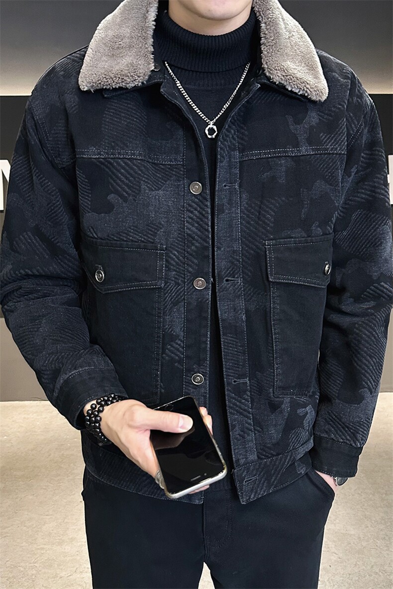 牛仔夹克男冬季新款羊羔毛领迷彩加绒加厚保暖外套,男装夹克,电商A313