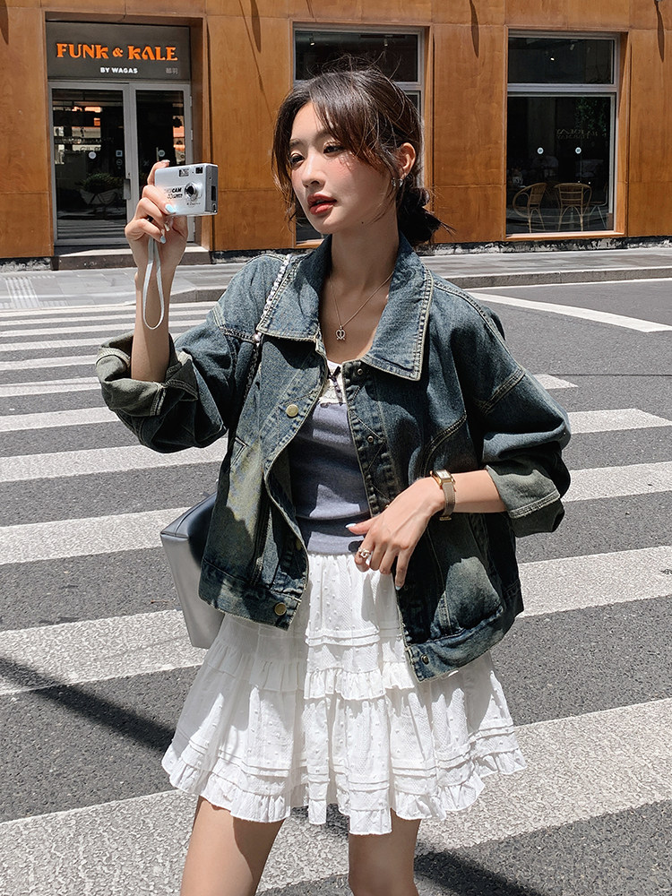 港风复古牛仔外套女2025春季新款高级感设计感宽松减龄小个子夹克,女装短外套,浪娴服饰