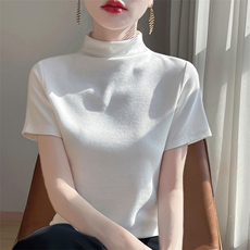 2025年秋季纯色日常棉薄款不连帽短袖修身型时尚百搭半高领，女装T恤，蒙亿羊绒