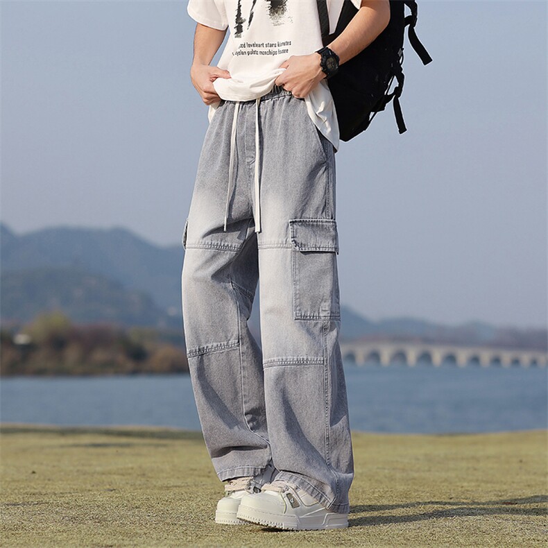 【现货】25秋季新款美式复古工装拼接口袋牛仔宽松直筒裤815-P50，男装工装外套，星座1006