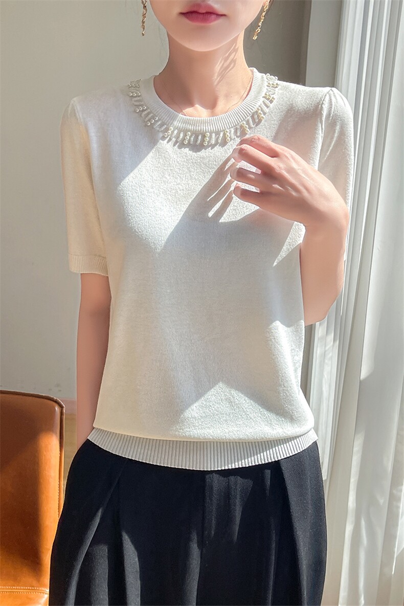 2025新款夏季冰丝针织短袖打底t恤女宽松遮肚高级感真丝上衣,女装T恤,萱芳婷羊绒