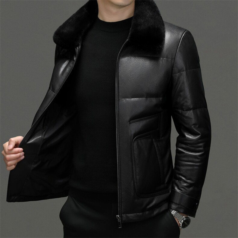 海宁羽绒服男鹅绒服水貂毛领加厚皮衣植鞣皮绵羊皮外套P1350,男装皮衣,电商B360
