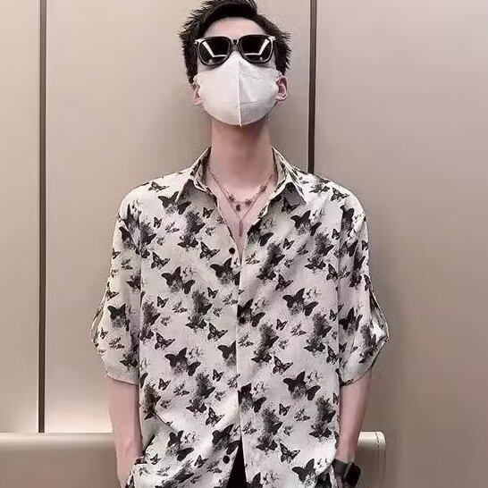 冰丝衬衫短袖男夏季潮牌痞帅扎染衬衣男款2025新款男士夏装半截袖,男装T恤,星座410-7