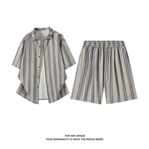 休闲条纹套装男抖音品质夏季日系宽松百搭一整套-A2130TP55控78图片