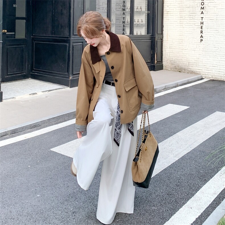 卡其色短款风衣女2025秋季新款拼接设计感翻领巴恩风工装休闲外套,女装风衣,2C198