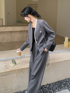 高级感灰色西装套装女2025春季新款干练气质短外套阔腿裤两件套潮图片
