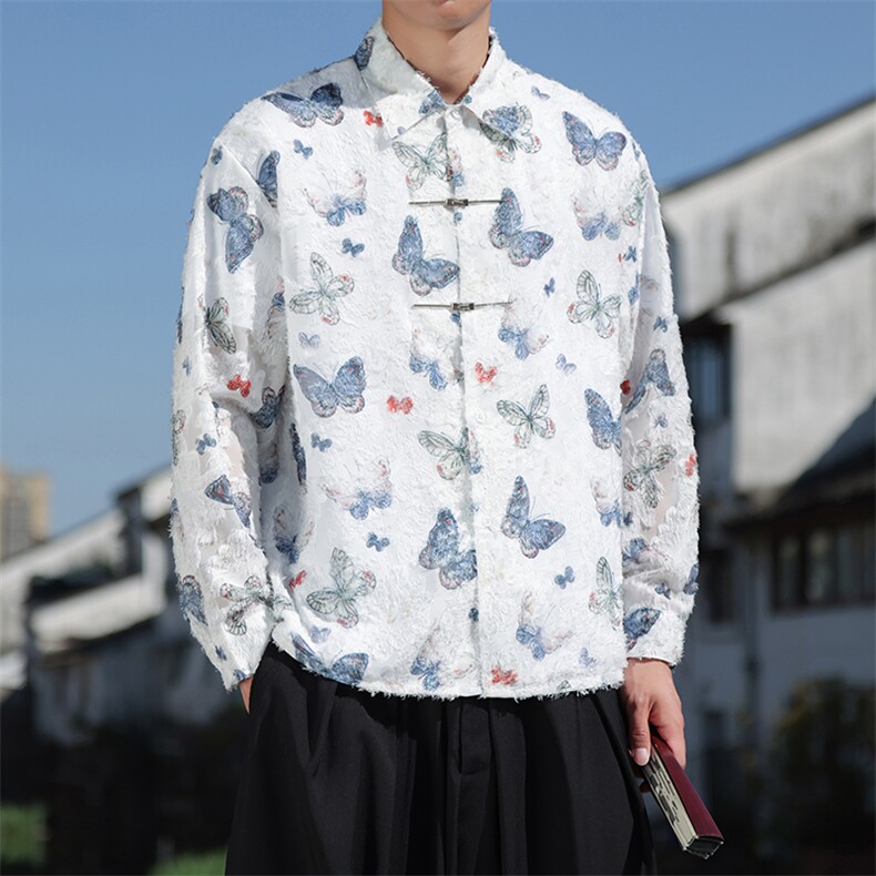 春夏新中式飞机扣复古小众蝴蝶刺绣流苏长袖衬衫30501,男装衬衫,星座305A（原312A-1）