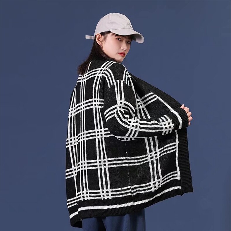 盐系春秋简约设计感格子情侣针织毛衣ins复古休闲开衫女M905-p40图片