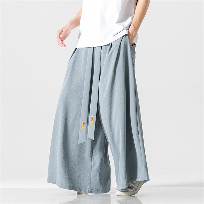 夏季风宋制改良汉服绣花长裤古风冰丝阔腿裙裤情侣K332/P85，男装民族服装，钱塘713