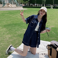 现货~！夏季薄款深蓝牛仔短袖短裤两件套套装女，女装套装/套裙，辉之琳