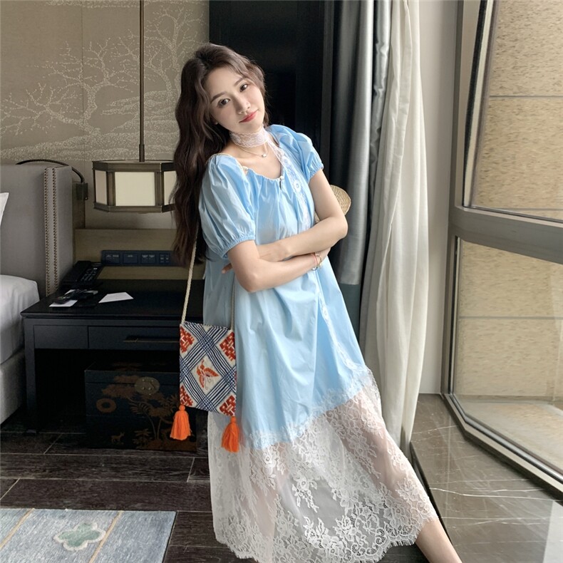 蓝色衬衫连衣裙女夏季2025新款高级感超好看宽松减龄网纱拼接裙子,女装连衣裙,2C353