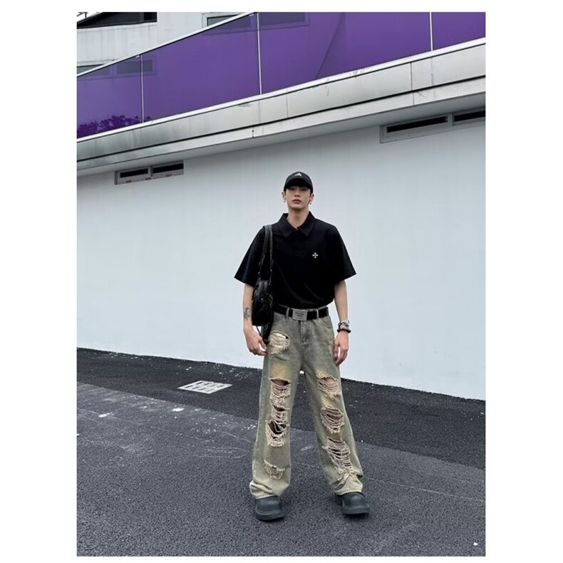 美式高个夏季破洞牛仔裤男泥染做旧高街废土风裤子阔腿拖地乞丐裤,男装牛仔裤,星座1013