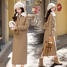 菱格羽绒服套装女秋冬高级感2025新款保暖带毛领套装裙两件套，女装套装/套裙，流量+