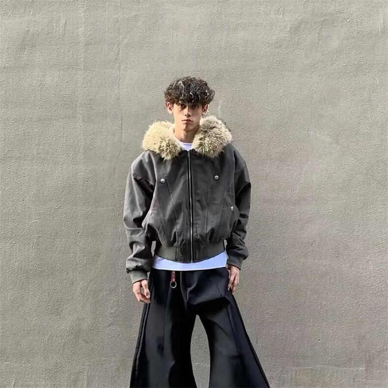 现货重磅boxy短款棉衣座山雕大毛毛领男女棉服水洗工装厚外套,男装棉衣,电商A486-1