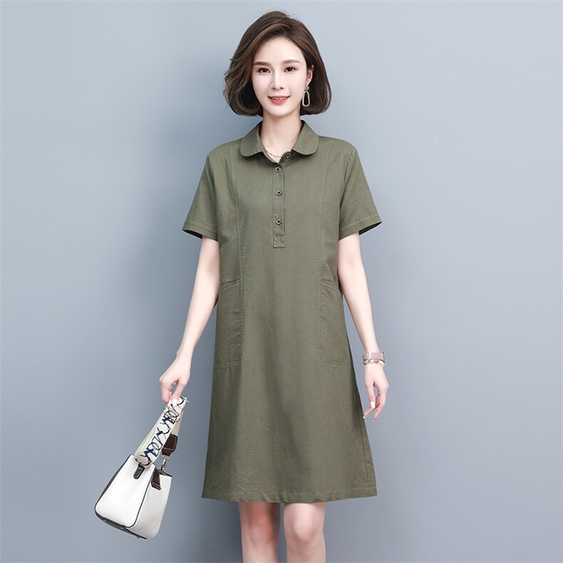 棉麻连衣裙女夏季2024新款中年妈妈宽松遮肚显瘦小个子亚麻衬衫裙,商品下架区,韩派