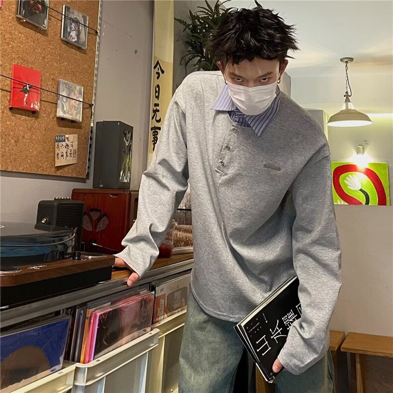 DK384-P50翻领拼接假两件长袖卫衣男春秋Polo条纹衫潮-网图现货,男装卫衣,星座603-2