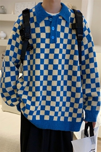 新款翻领棋盘格毛衣慵懒风宽松套头polo领针织衫现货 M326-P44图片