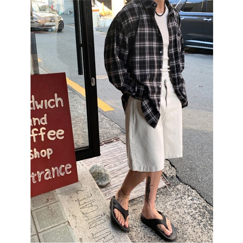 格子衬衫男长袖春季宽松休闲衬衣翻领复古cleanfit外套828P50,男装衬衫,星座710