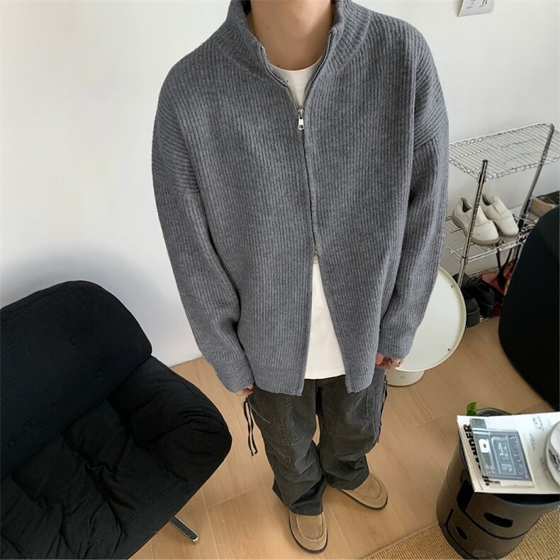 网图M9911-特p55双拉链高领休闲简约针织开衫慵懒风宽松外套毛衣,男装针织衫/毛衣,电商D310B
