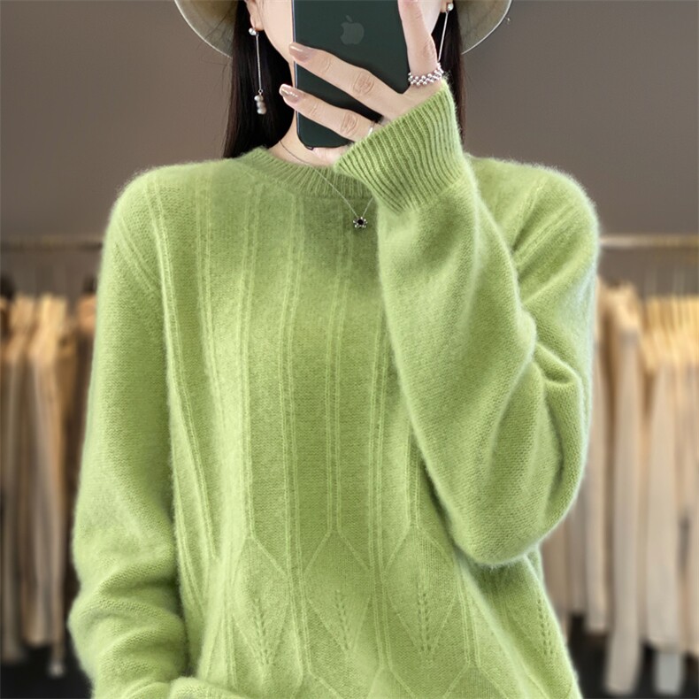 粉色百搭纯羊毛衫女圆领加厚毛衣秋冬新款保暖宽松针织打底衫羊绒,女装羊毛衫,九嘉羊绒