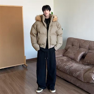 现货三防重磅硬挺boxy短款羽绒棉衣座山雕大毛毛领PU皮棉服外套冬图片