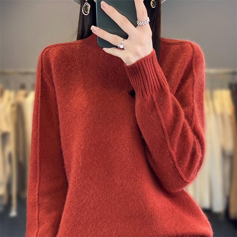 100%纯羊毛衫女圆领纯色长袖针织毛衣秋冬新款宽松羊绒衫内搭打底,女装羊毛衫,琳尚羊绒