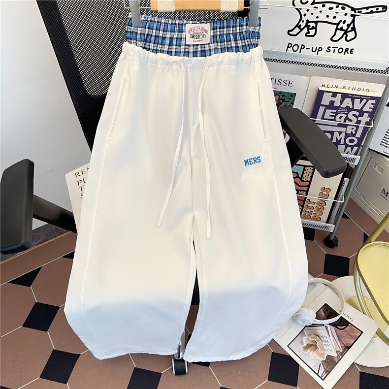 港风秋款男休闲裤假两件格子拼接贴标宽松抽绳长裤HK126P45,男装休闲裤,星座1013-1