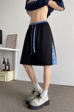 D206-18XL-M复古拼接短裤男宽松格子裤刺绣五分裤高级感DK1541，男装牛仔裤，电商D206-1